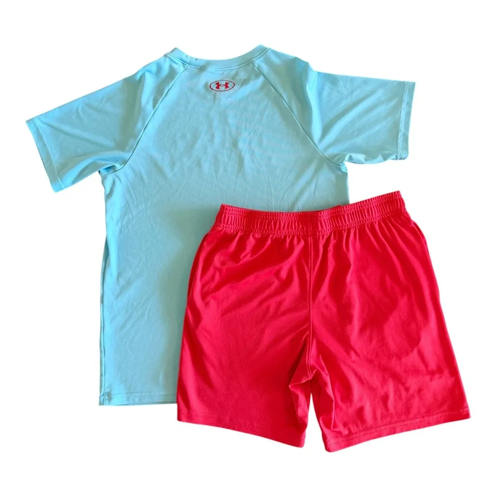 Under Armour Boys Aqua Red Athletic Shirt Shorts Outfit Set - Youth Large